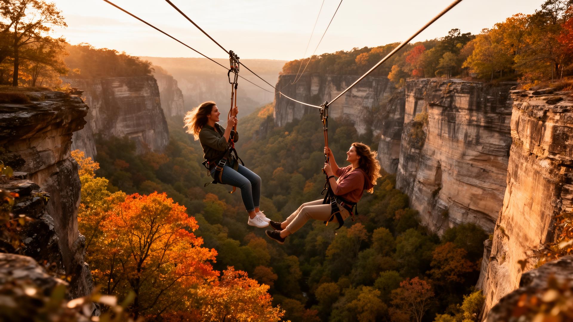 Couple zip-lining over a stunning Ohio gorge surrounded by autumn foliage