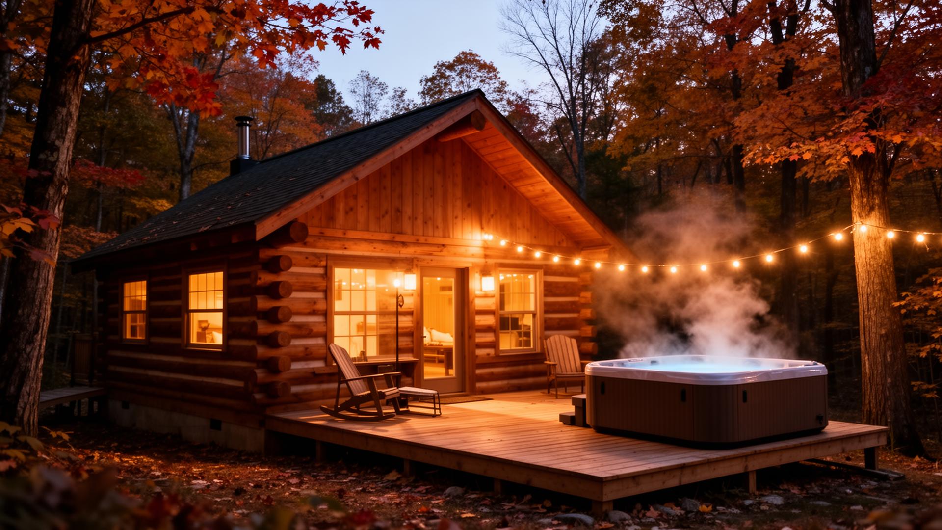 Cozy log cabin with hot tub surrounded by autumn trees in Ohio