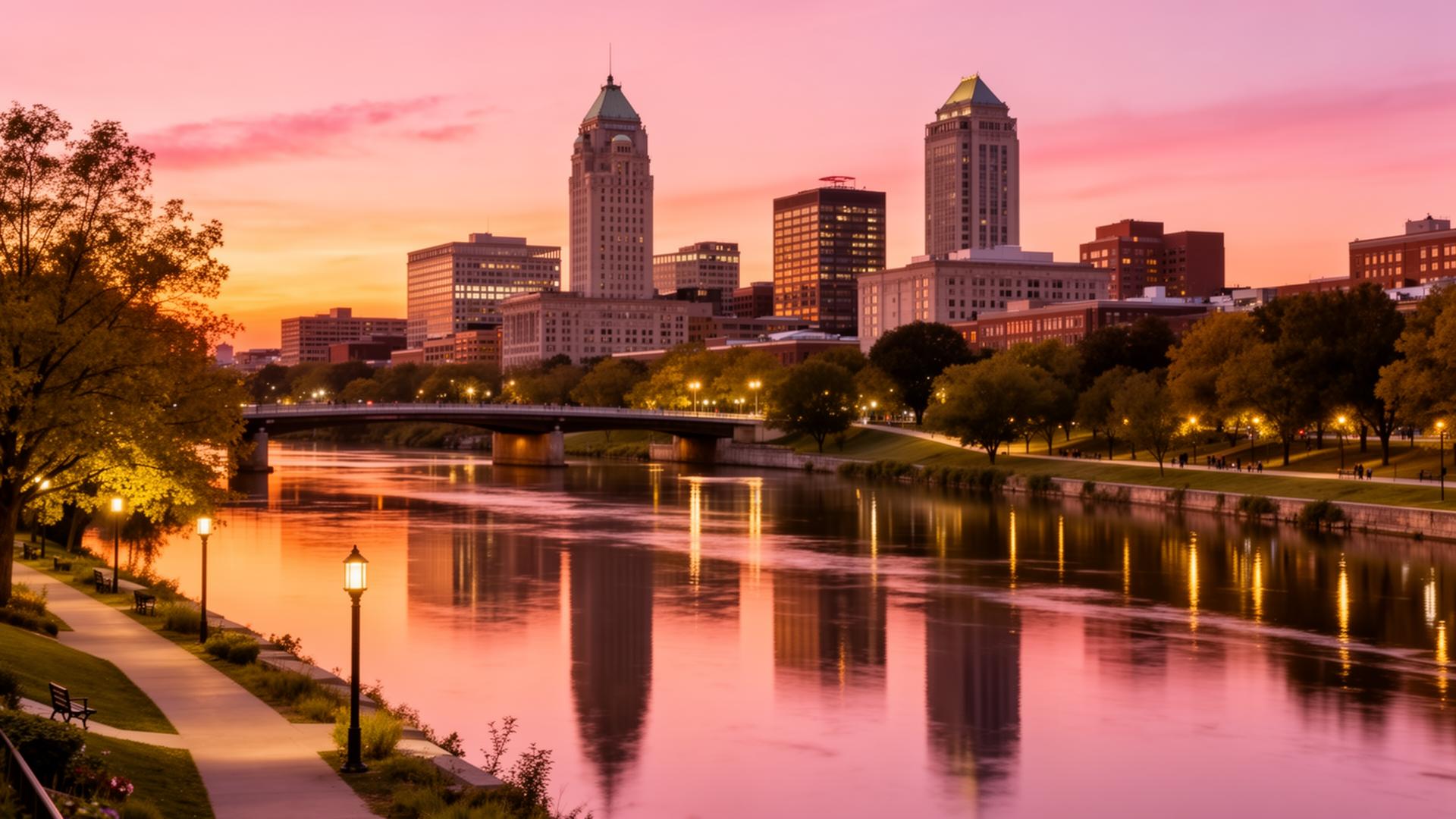 Ohio city skyline at sunset with river reflections