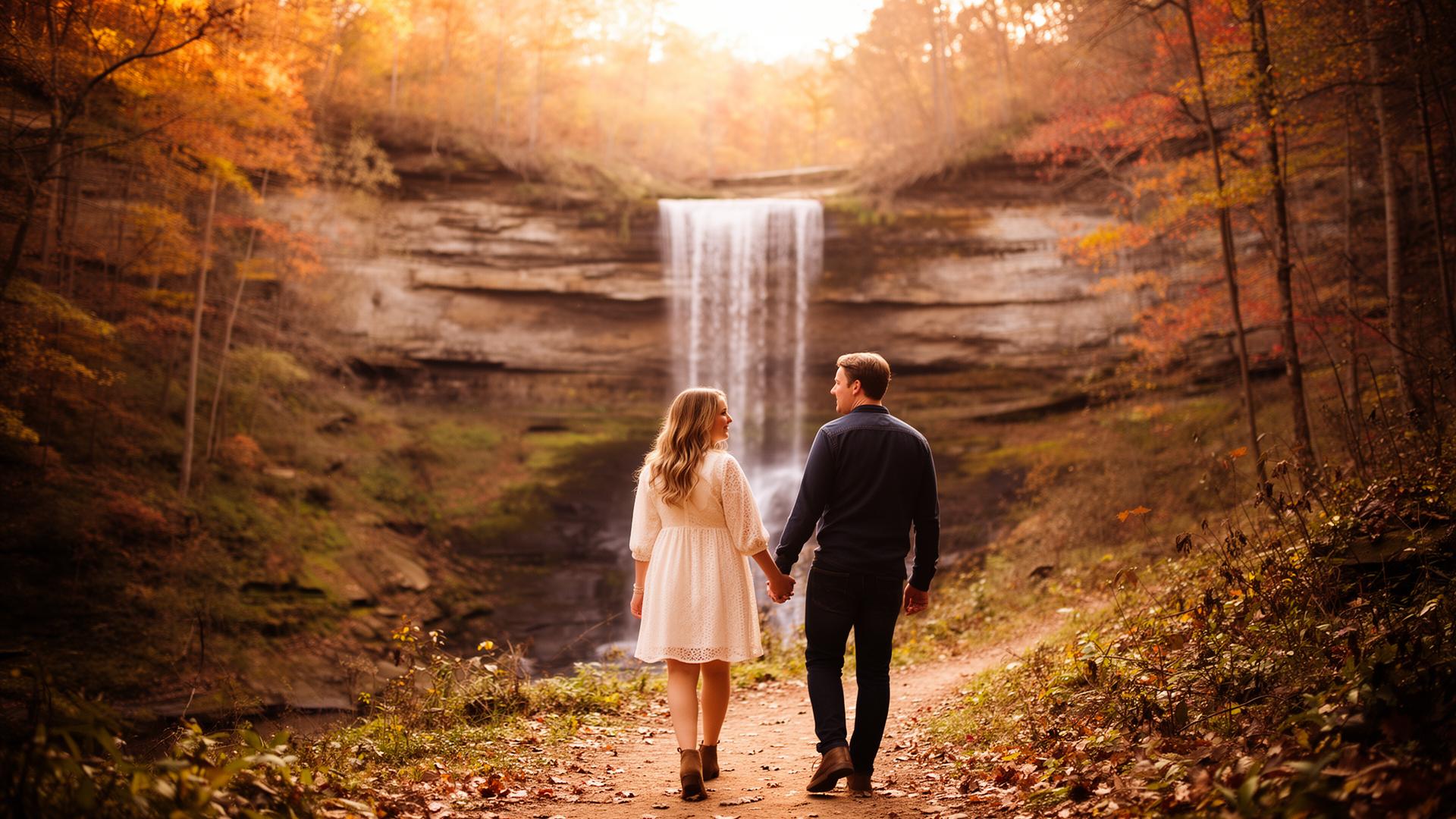 Romantic couple walking hand in hand toward a waterfall in Ohio's Hocking Hills during autumn