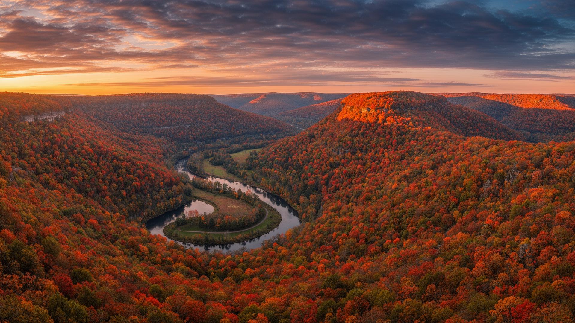 Panoramic view of Ohio's rolling hills with autumn foliage and winding river
