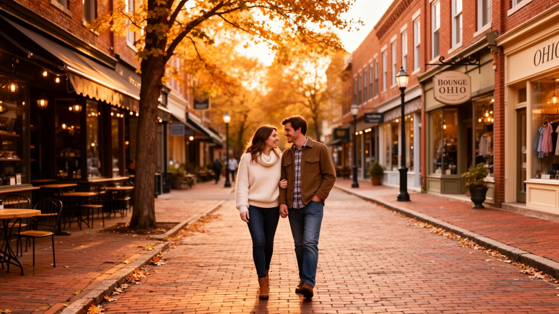 Couple walking along charming brick streets in a small Ohio town during autumn